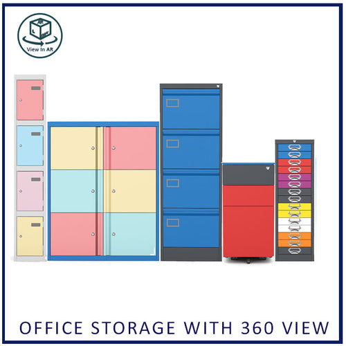 Colorful office storage units with a 360 view icon on a white background.