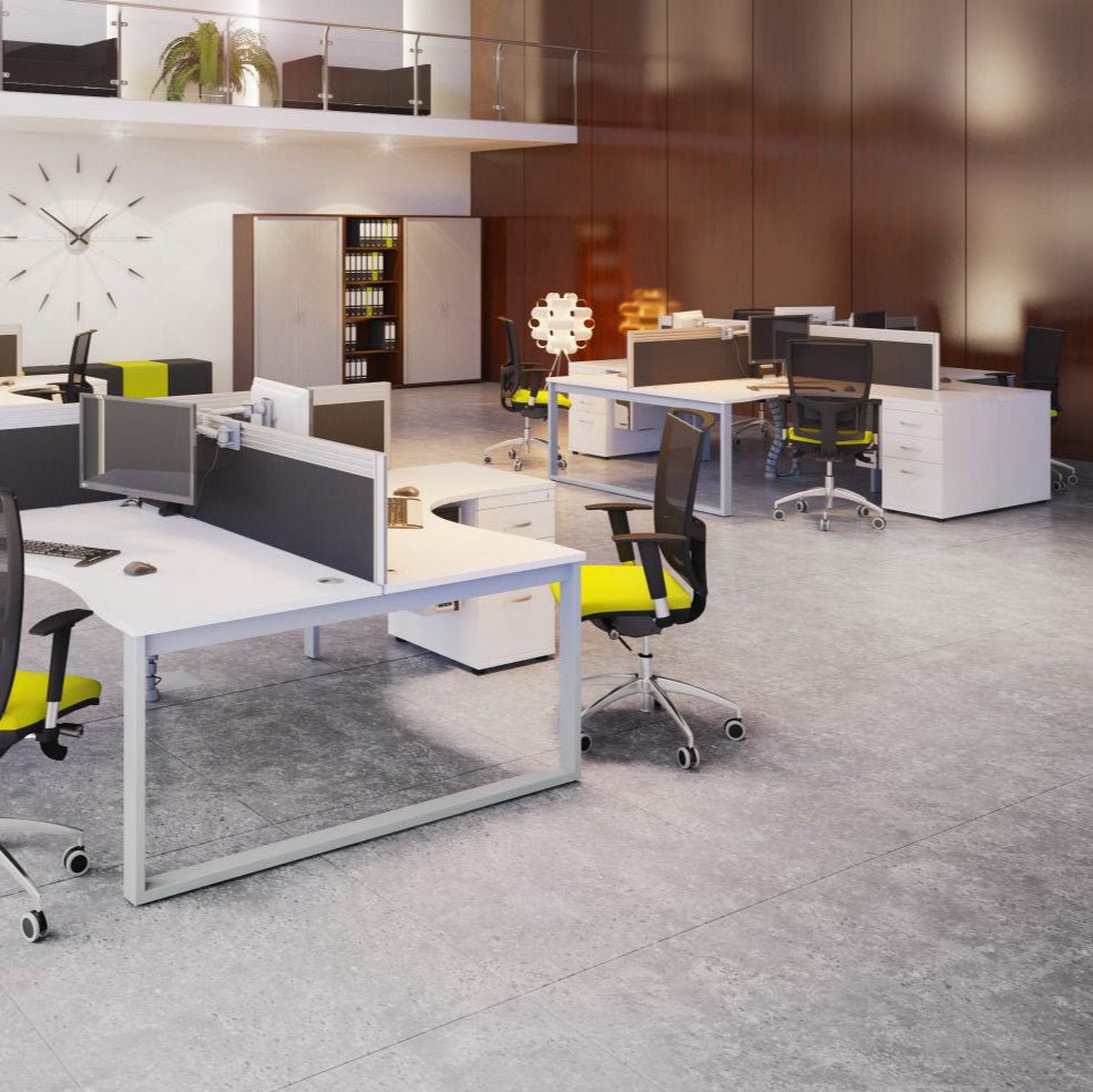 Switch 2 Person Office Crescent Scallop Desk A Frame and High Pedestal 