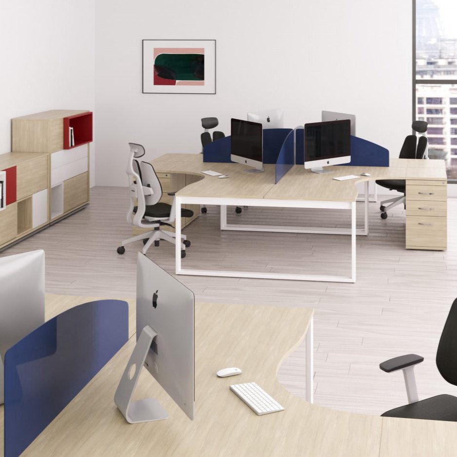 Switch 2 Person Office Crescent Scallop Desk A Frame and High Pedestal 