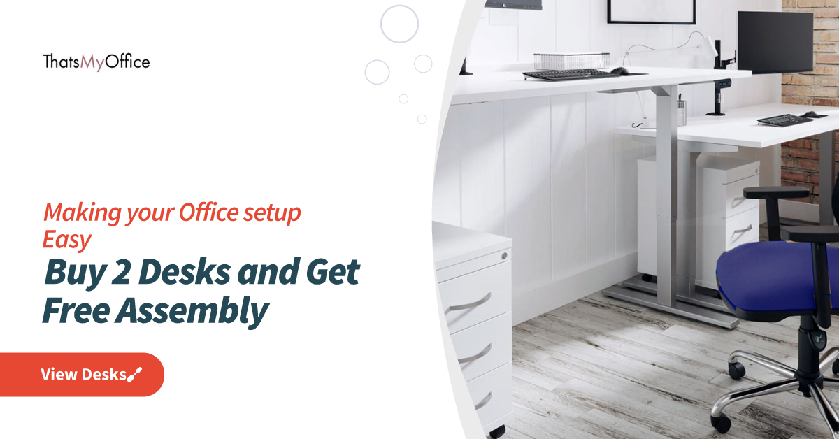 Modern office setup with desks and chair, featuring promotional text for 'That's My Office'.