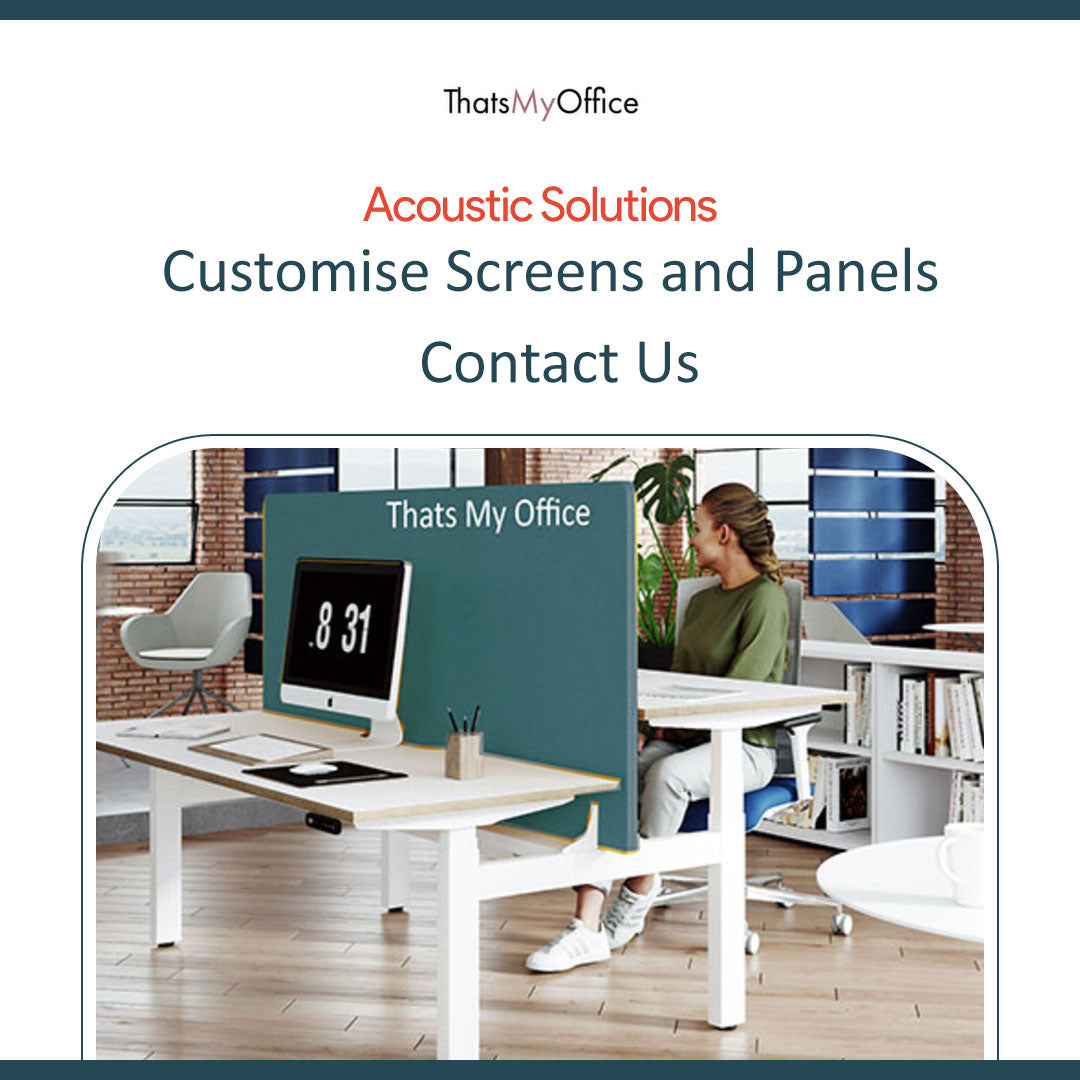 Office setup with acoustic screen and person working, featuring 'Thats My Office' branding.