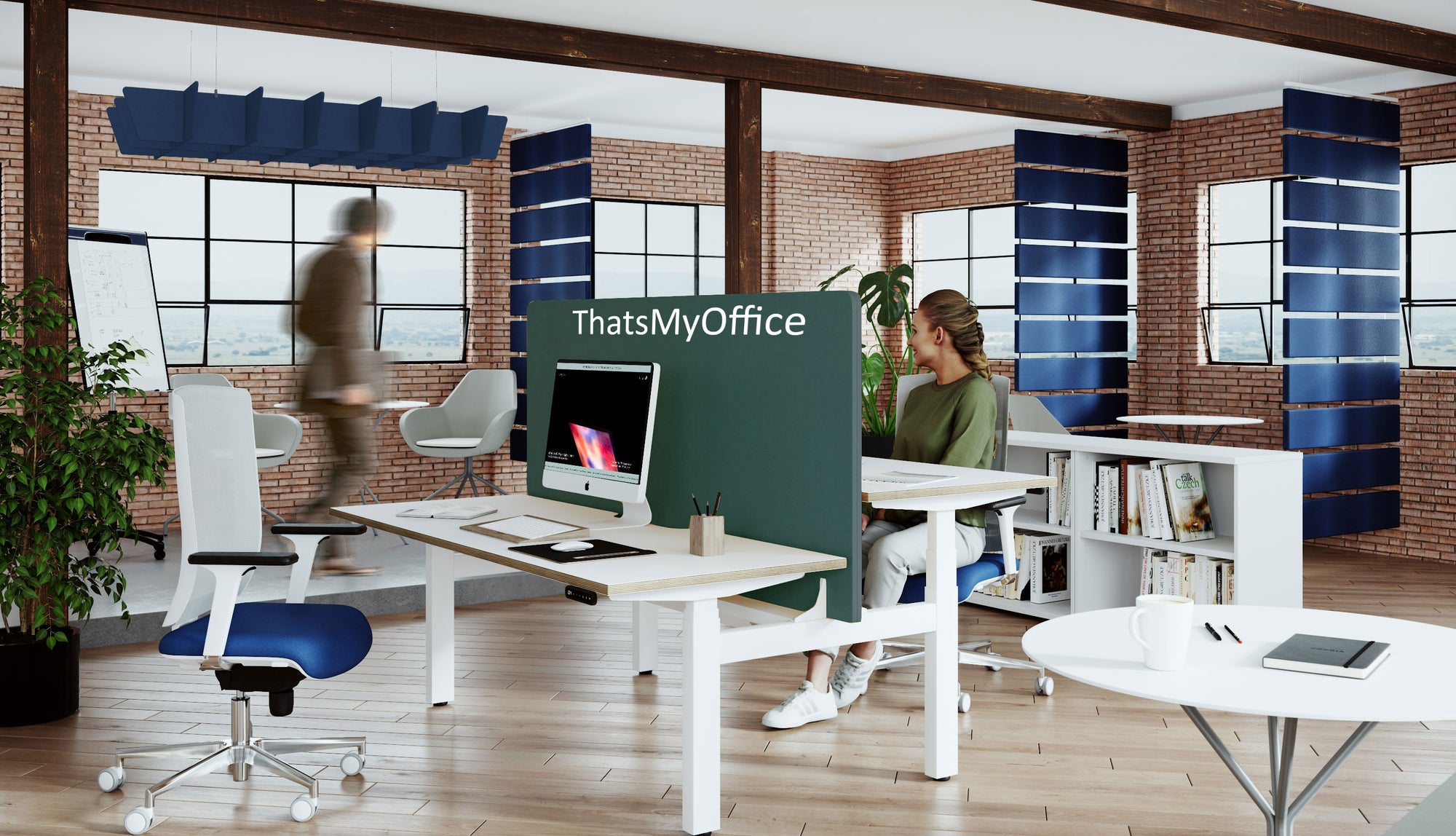 Modern office space with desks, chairs, and a 'That's My Office' sign.