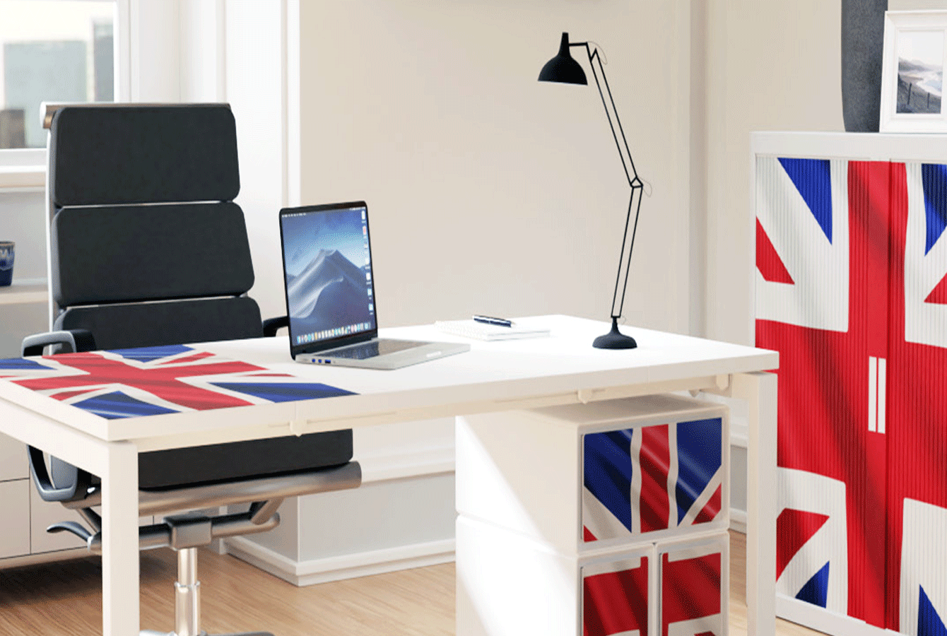 britsih flag office furniture storage an deskThat’s My Office Furniture, 360 Degree View storage, desk, chair