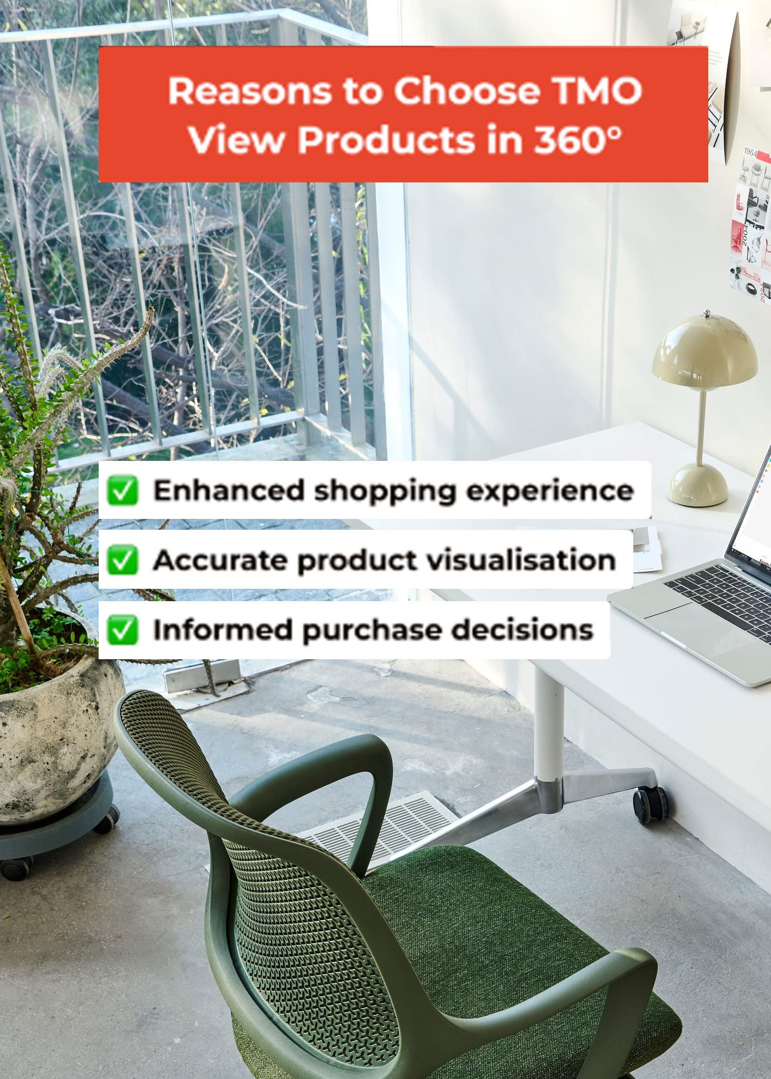 Modern office chair in a bright room with a laptop and decor elements, promoting TMO's 360-degree product viewing feature.