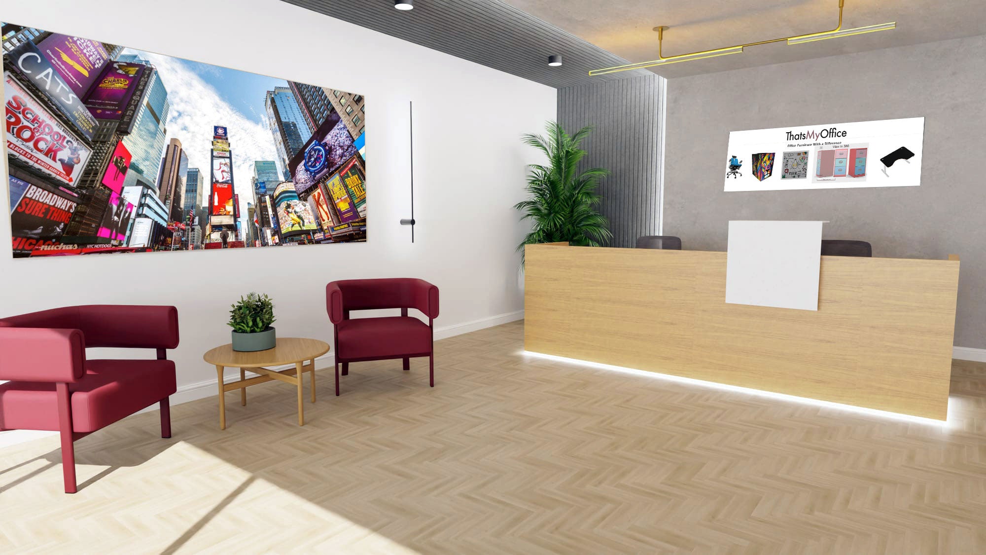 Modern office reception area with a wooden desk, red chairs, and a large screen displaying a cityscape.