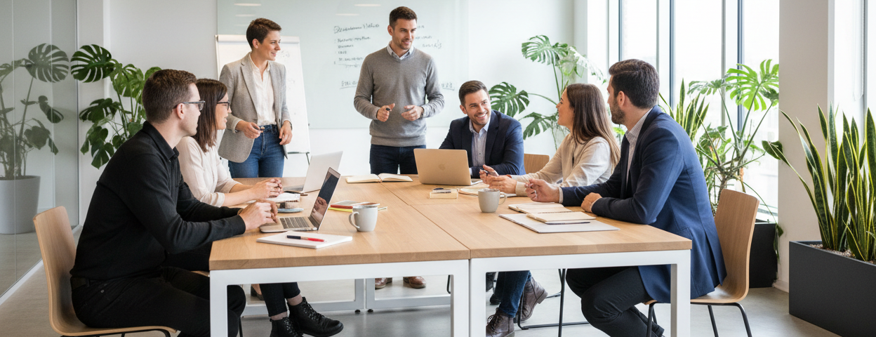 Group of people working together in a modern office setting
