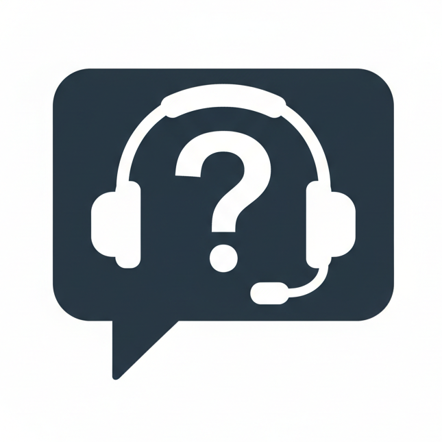 Icon of a speech bubble with a headset and question mark inside, surrounded by a circle.