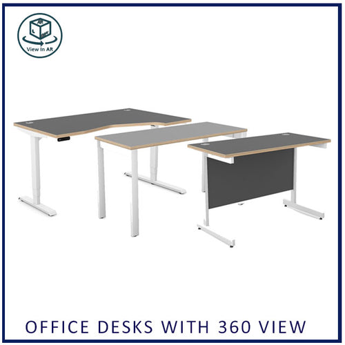 Set of office desks with a 360 view icon on a white background