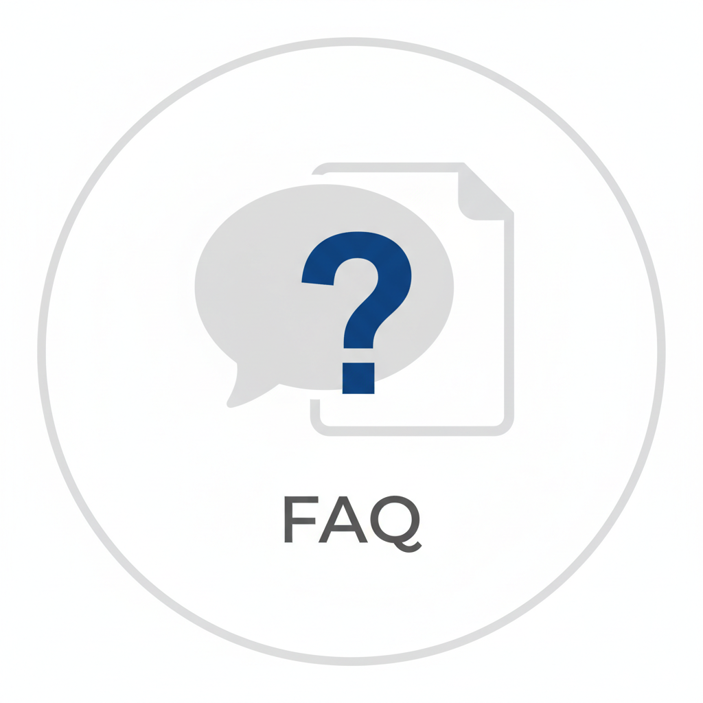 Icon with a speech bubble containing a question mark and the word 'FAQ' on a white background
