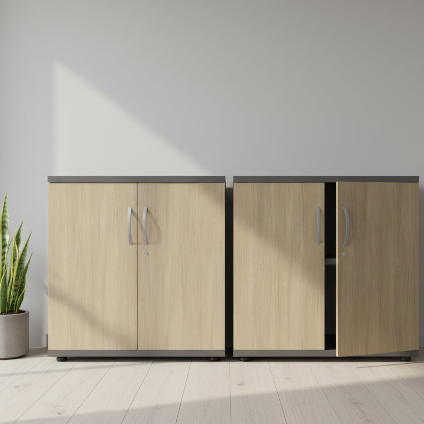 wooden low level two door office cupboard