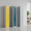 Three tall lockers with different colored doors on a white background