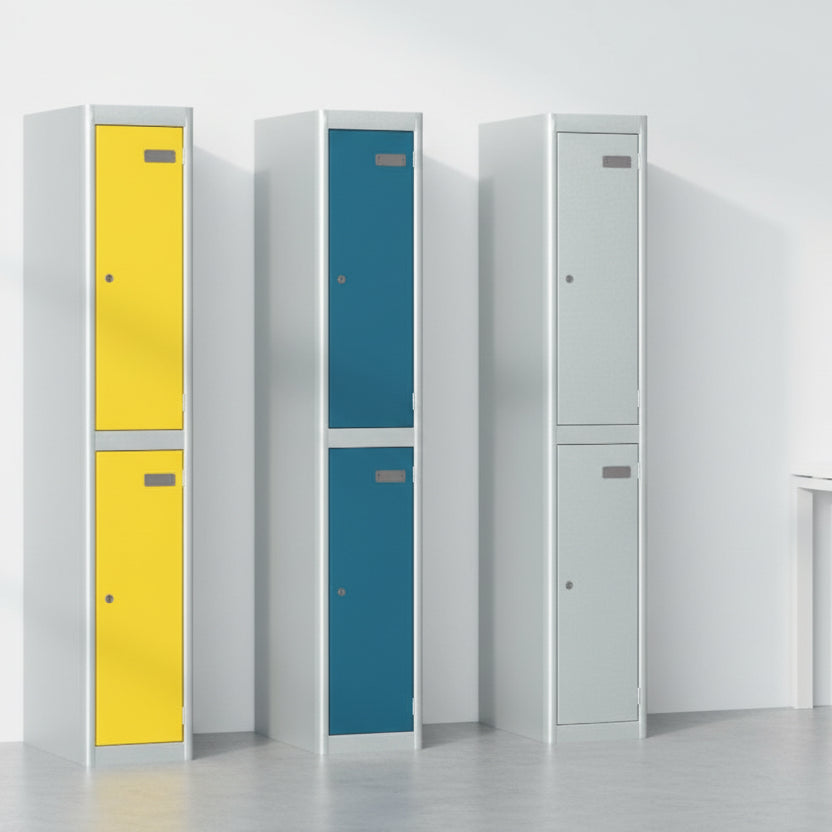 Three tall lockers with colored doors on a white background
