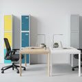 Three locker units with colored doors on a white background