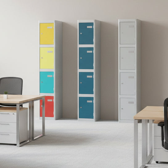 Three tall lockers with colorful doors on a white background