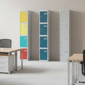 Three tall lockers with colorful doors on a white background