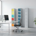 Three tall lockers with colorful doors on a white background