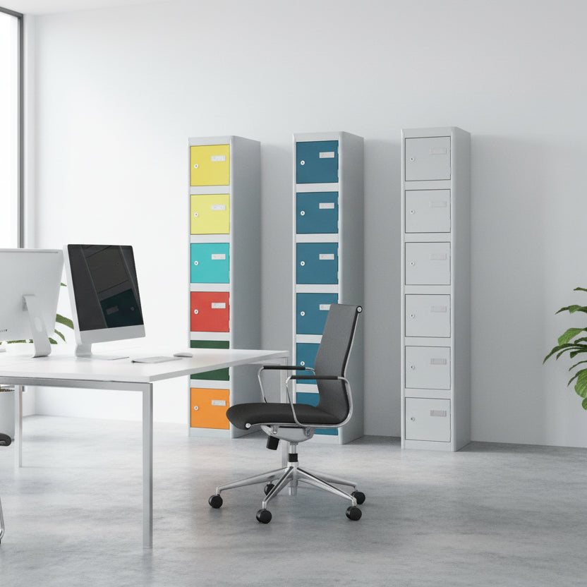 Three tall lockers with colorful doors on a white background