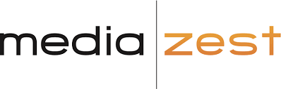 Logo of media zest with 'media' in black and 'zest' in orange on a white background
