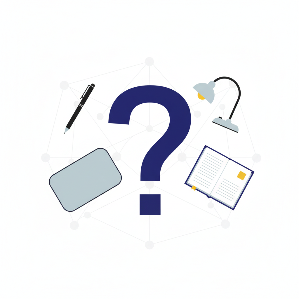 Illustration of a question mark with study-related items like a pen, tablet, lamp, and notebook on a white background.