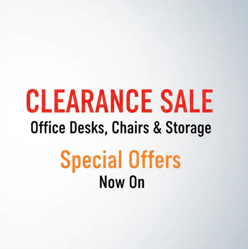 Clearance sale advertisement for office furniture on a white background