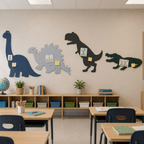 Classroom with dinosaur wall decorations and desks.