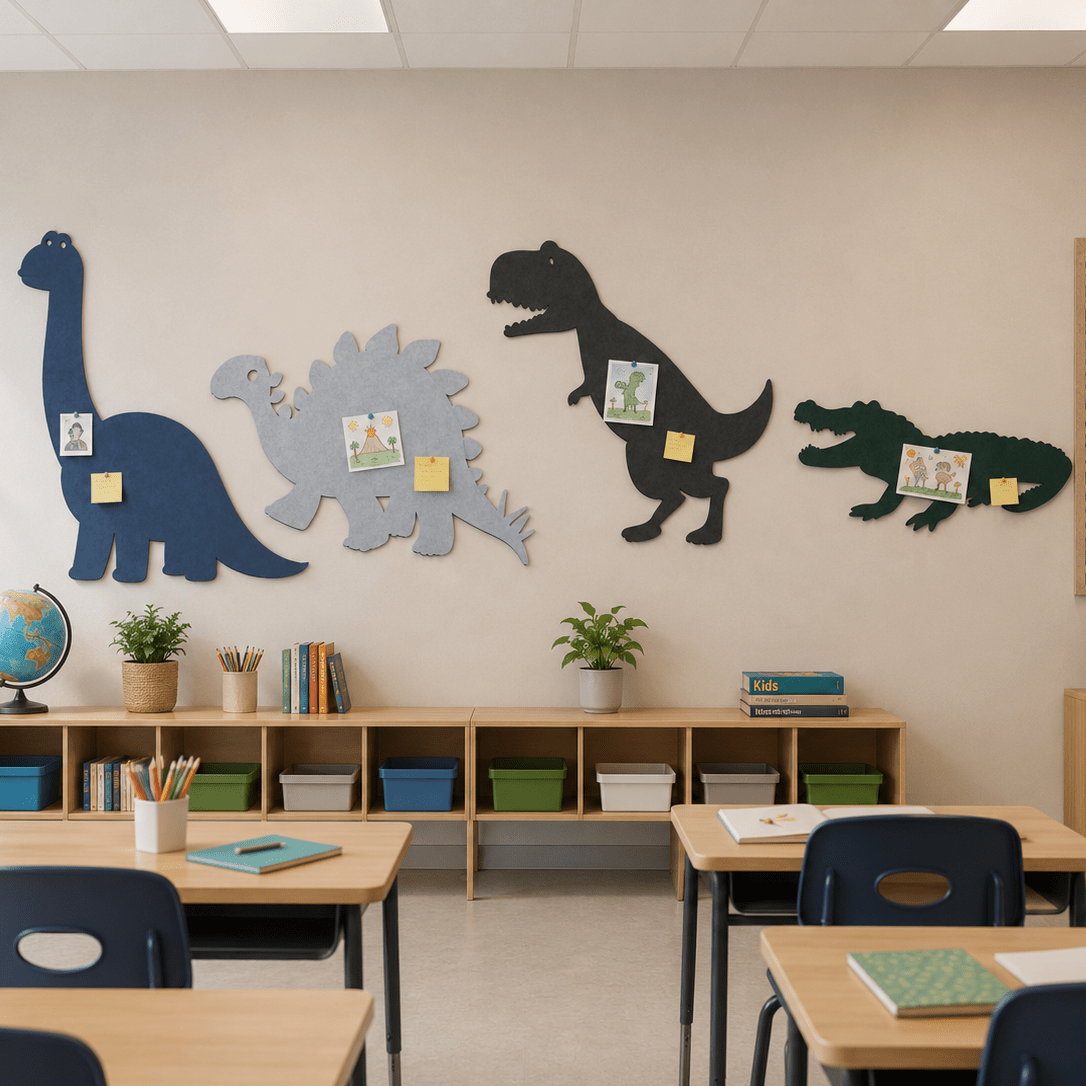 Classroom with dinosaur wall decorations and desks.