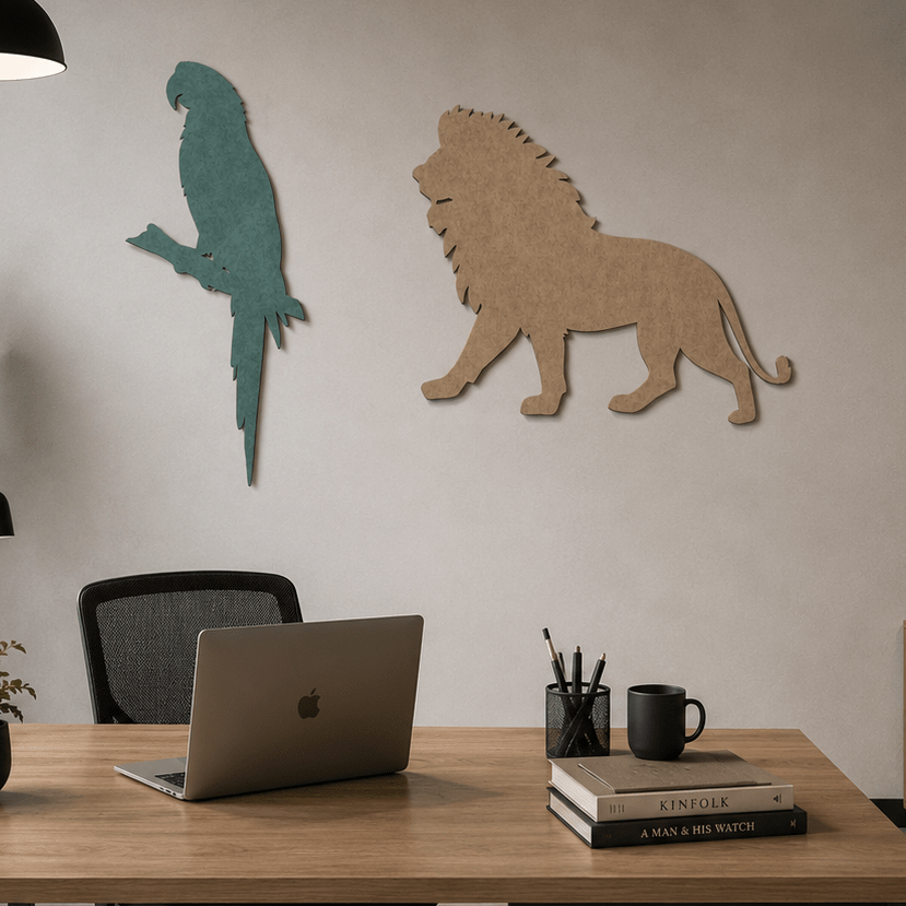 Modern office space with wooden desk, chair, laptop, and decorative wall art.