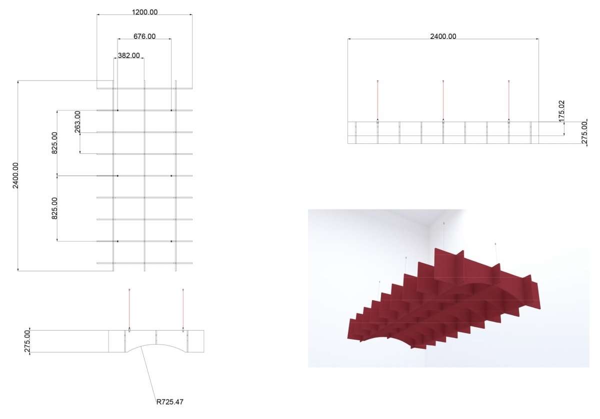 Red geometric design with measurements on a white background