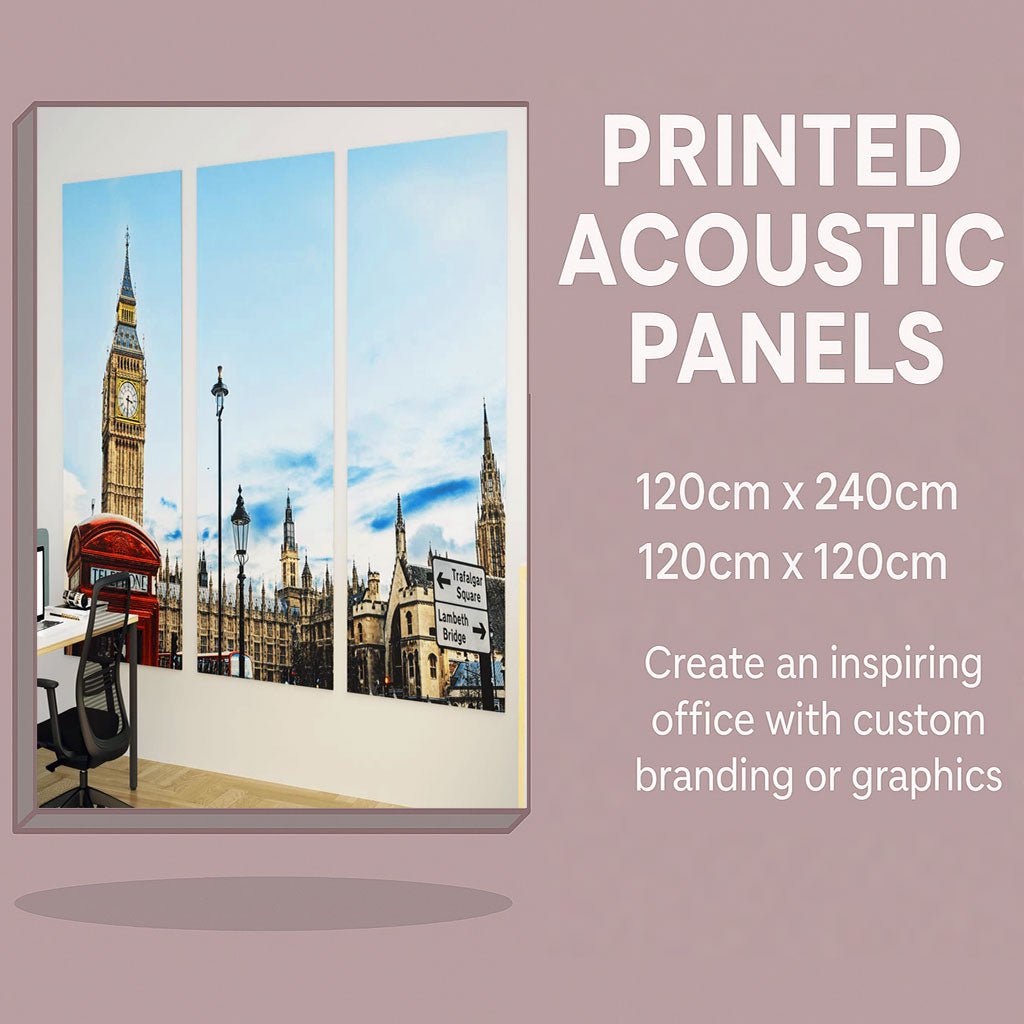 Printed acoustic panels with a scenic design of Big Ben and a red phone box, on a pink background.