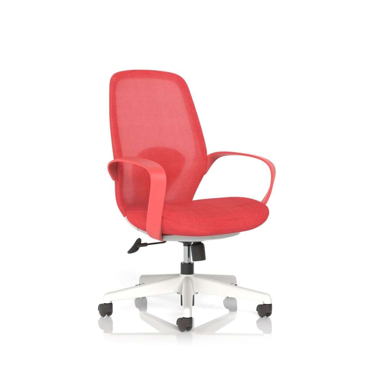 Blue mesh back office chair with fixed arms on white background