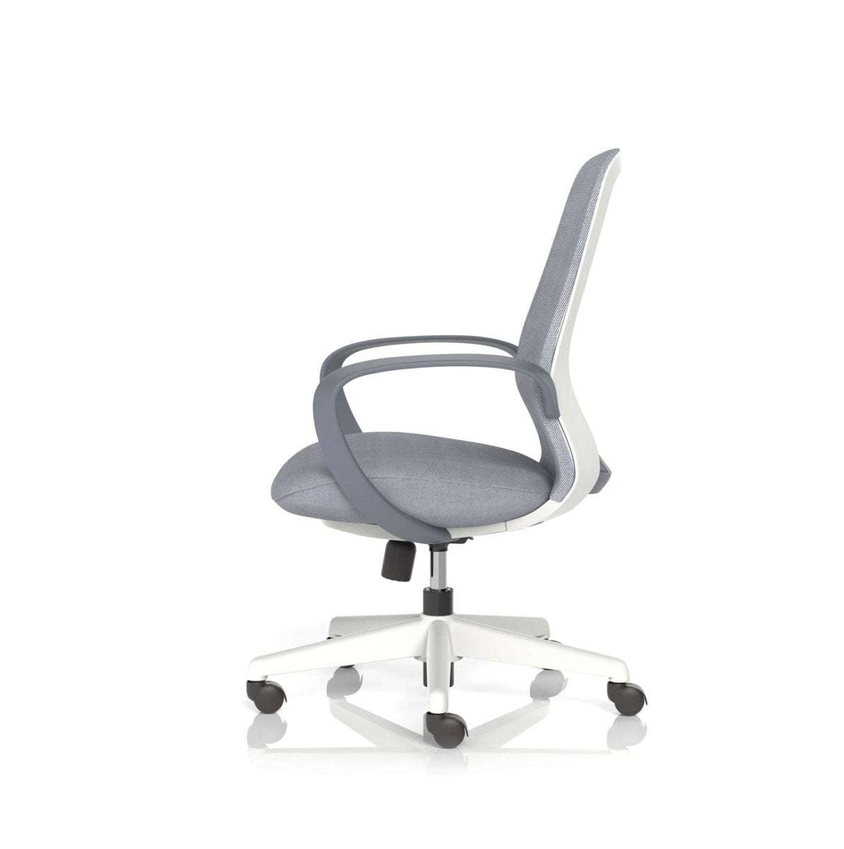 Grey mesh back office chair with fixed arms
