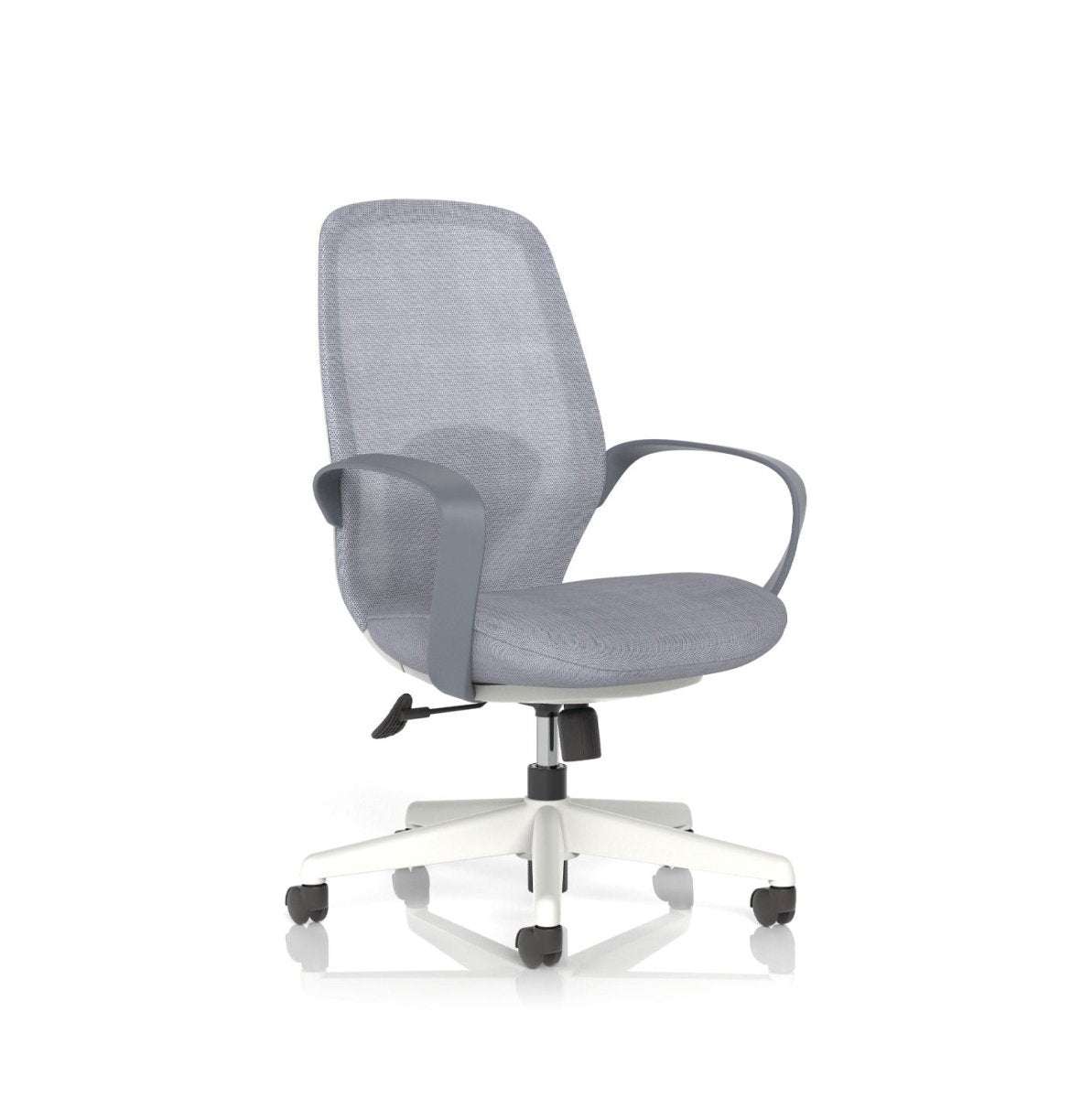 Light grey mesh back office chair with fixed arms