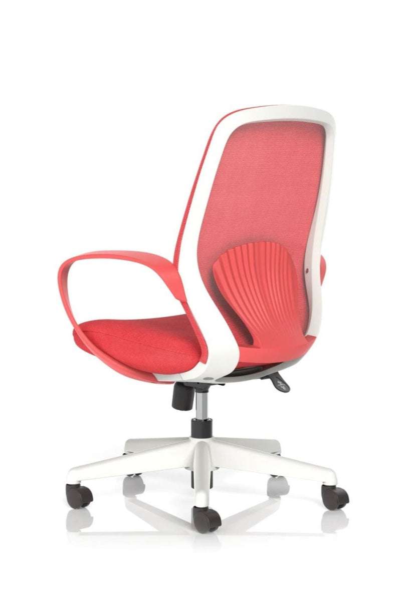 Red ergonomic office chair with mesh back