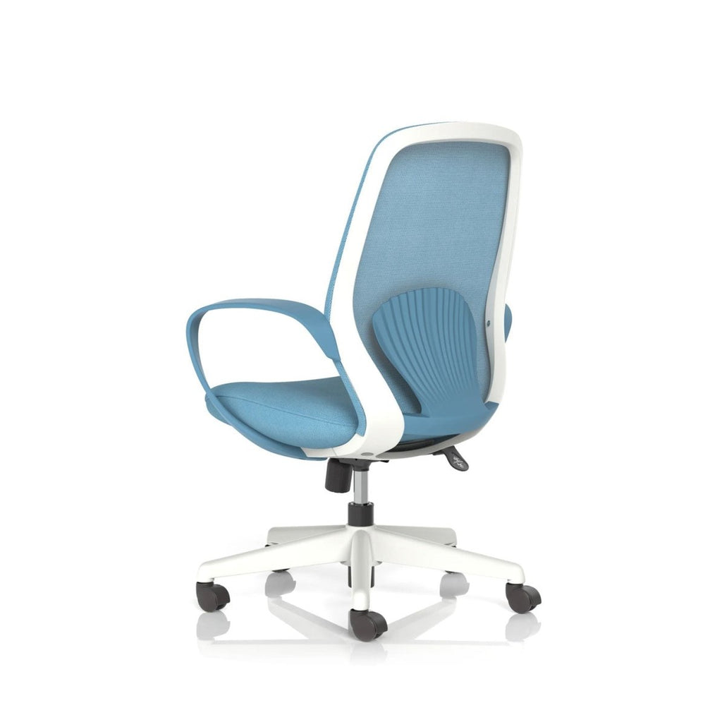 Blue office chair with white frame on a white background
