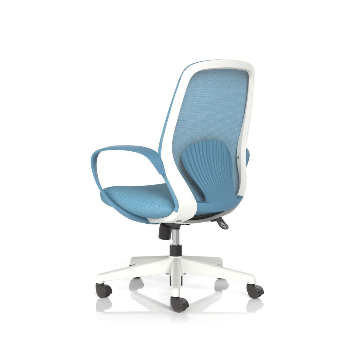 Blue office chair with white frame on a white background