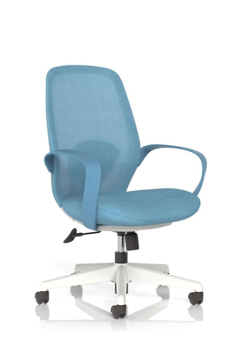 Black mesh back office chair with fixed arms in a workspace