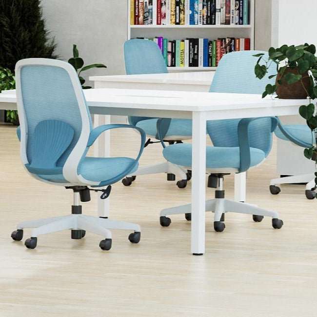 Blue mesh back office chair with fixed arms