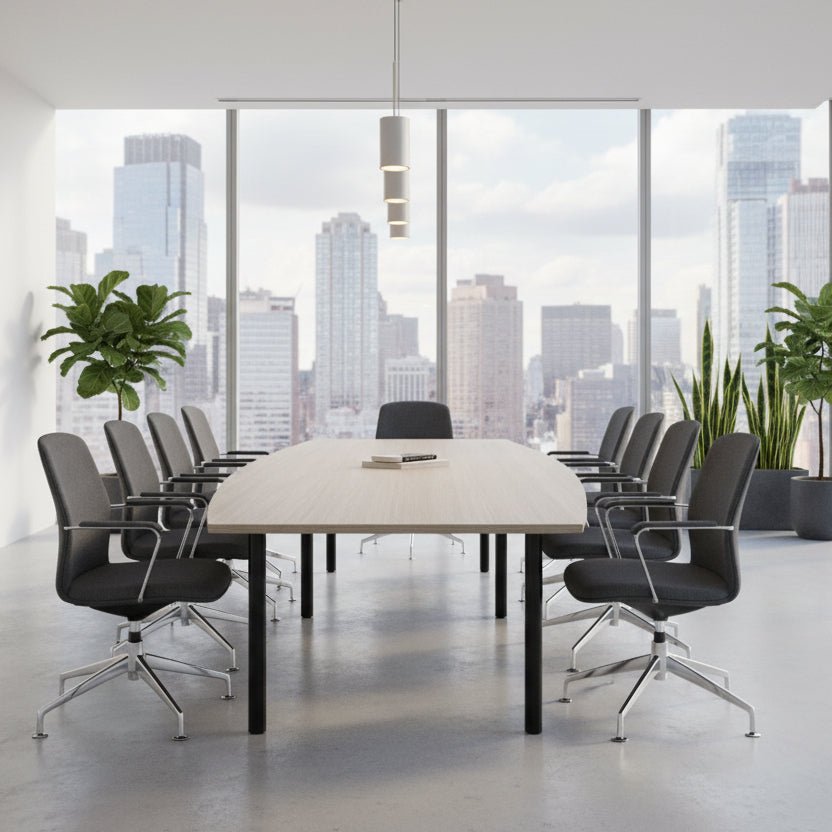 C-Sense Two Piece Curved Meeting Table -400cm by 140/120cm SKU: CSE-LEO-MTC40-14/AO/BLK, Tops x2: CSE-MTC2014/AO, Beams x4: CSE-B1600/BLK, Middle leg: CSE-LM1200/BLK, End Legs: CSE-LEO1200/BLKTHATSMYOFFICE
