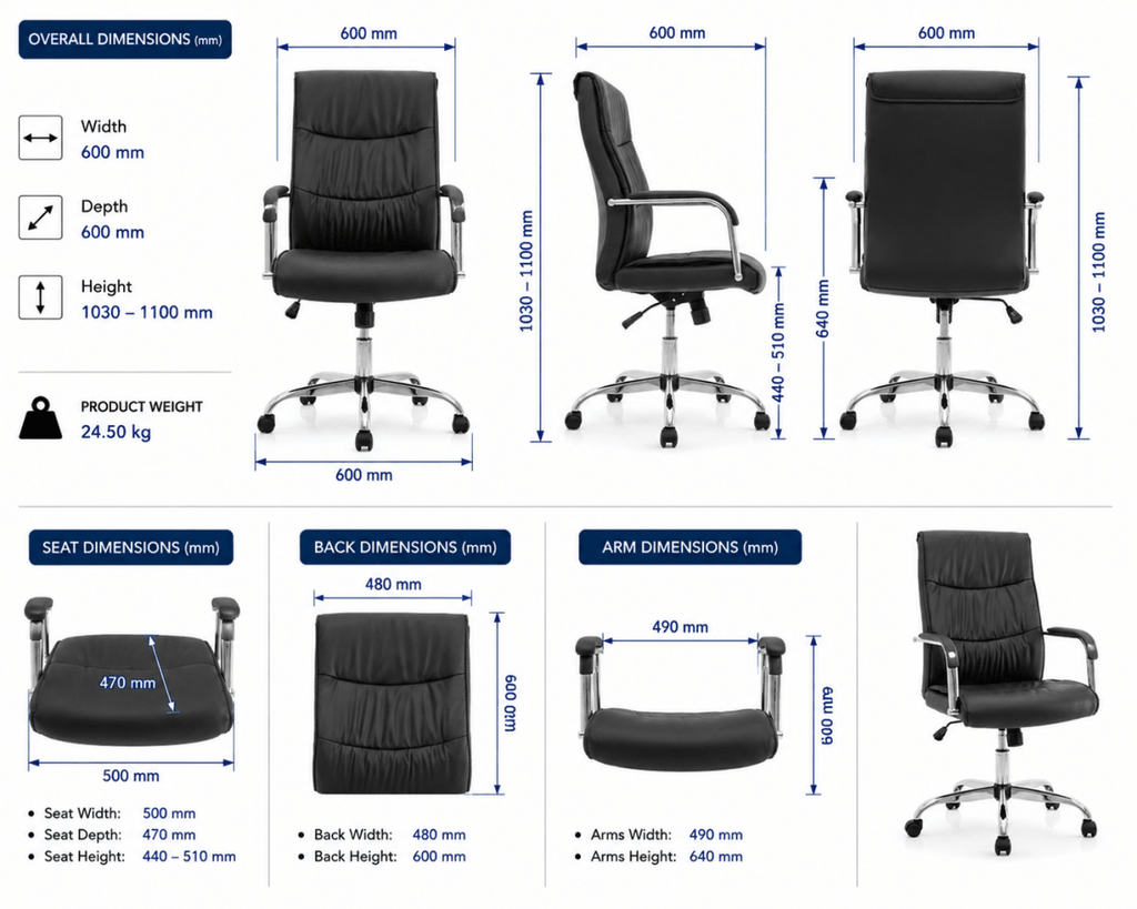 An office chair dimension diagram showing multiple views of a black swivel office chair with measurement labels for overall, seat, back, and arm dimensions, plus product weight information.