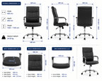 An office chair dimension diagram showing multiple views of a black swivel office chair with measurement labels for overall, seat, back, and arm dimensions, plus product weight information.