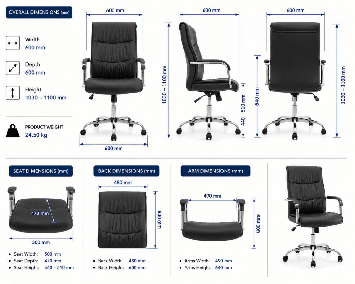 An office chair dimension diagram showing multiple views of a black swivel office chair with measurement labels for overall, seat, back, and arm dimensions, plus product weight information.