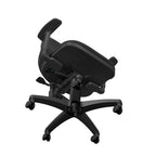 A black ergonomic office chair with a high-back curved backrest, armrests, and a five-star wheeled base, shown against a plain white background.