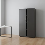 A tall dark gray metal storage cabinet with two doors and open shelving in the center, shown on a plain white background.