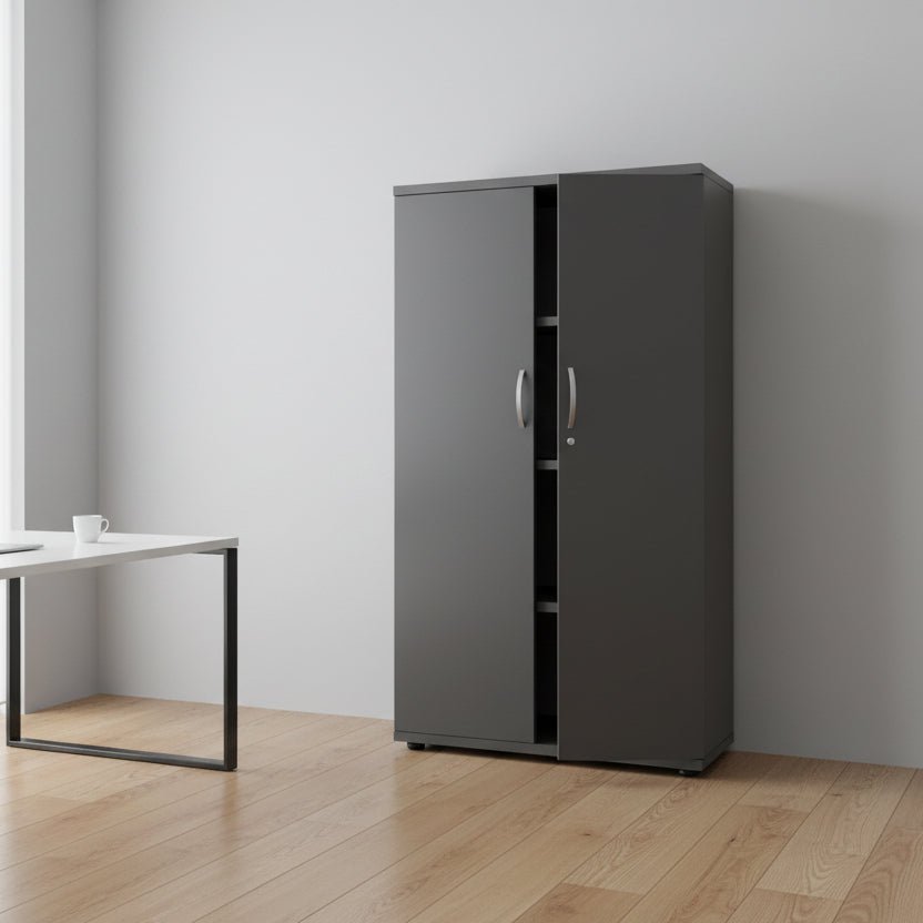 A tall dark gray metal storage cabinet with two doors and open shelving in the center, shown on a plain white background.