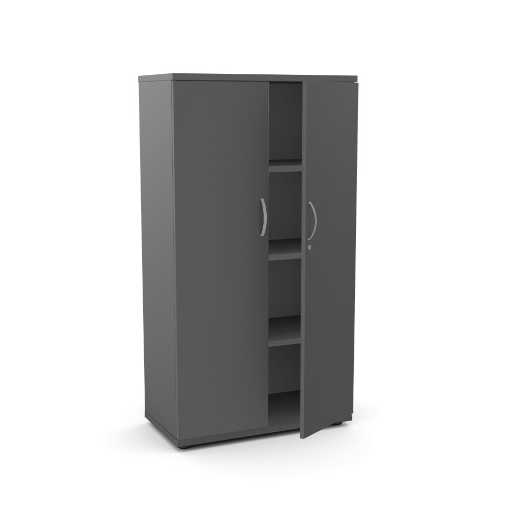 A tall dark gray storage cabinet with two doors, one open to reveal three interior shelves, shown on a plain white background.
