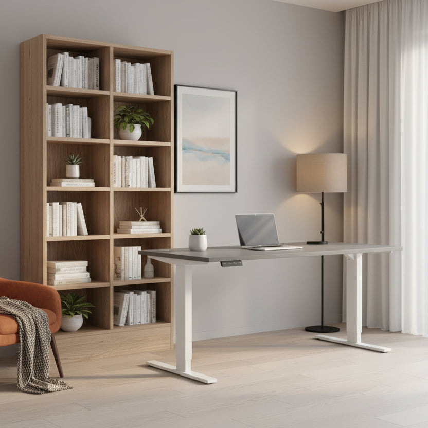 A modern height-adjustable standing desk with a gray top and white T-style legs, shown in a bright home office setting with a laptop, lamp, and framed wall art.