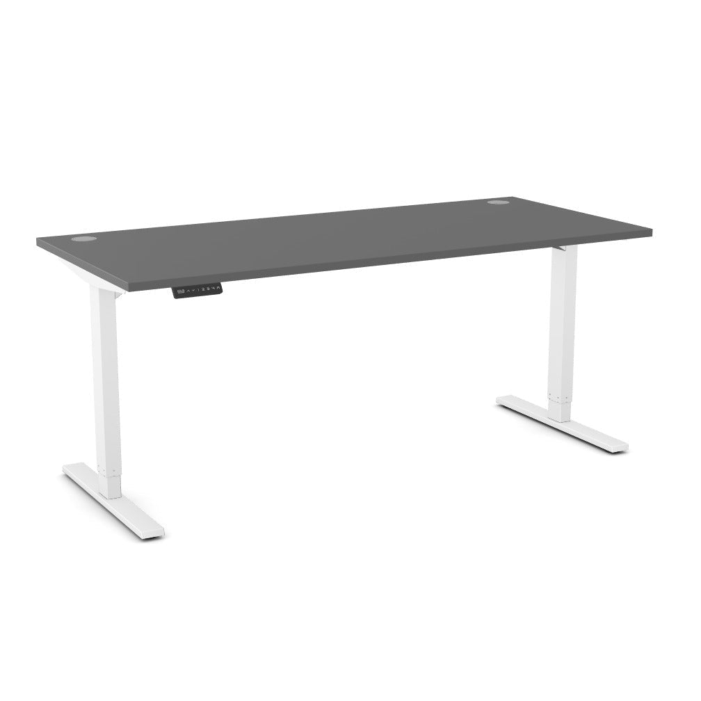 A modern standing desk with a dark gray rectangular top and white metal legs, shown on a plain white background.