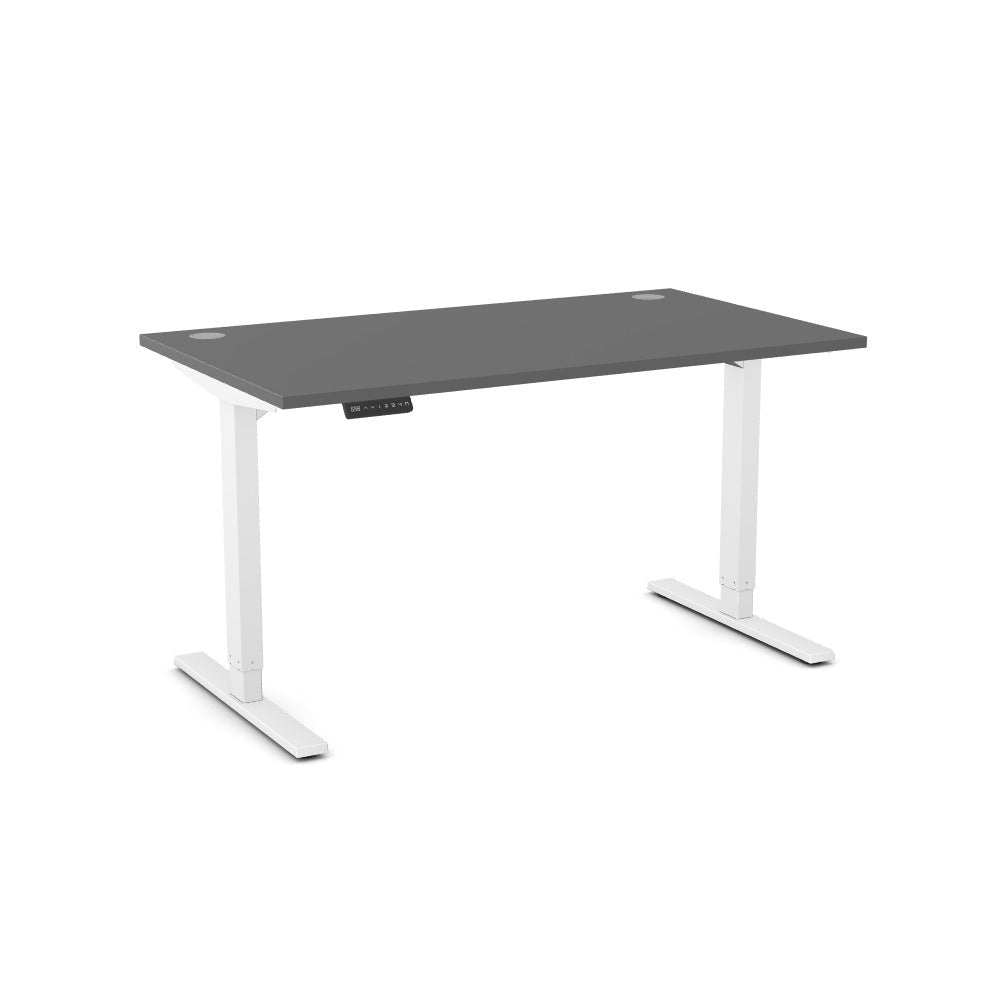 An electric height-adjustable standing desk with a dark gray rectangular desktop and white metal legs, shown on a plain white background.
