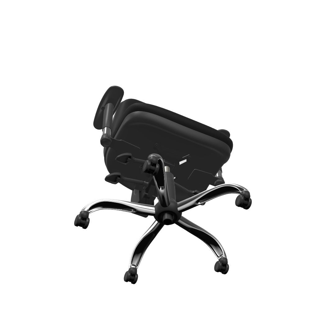 A black ergonomic office chair with a high-back cushioned seat, adjustable headrest, and a five-star wheeled base, shown from a three-quarters angle on a solid white background.