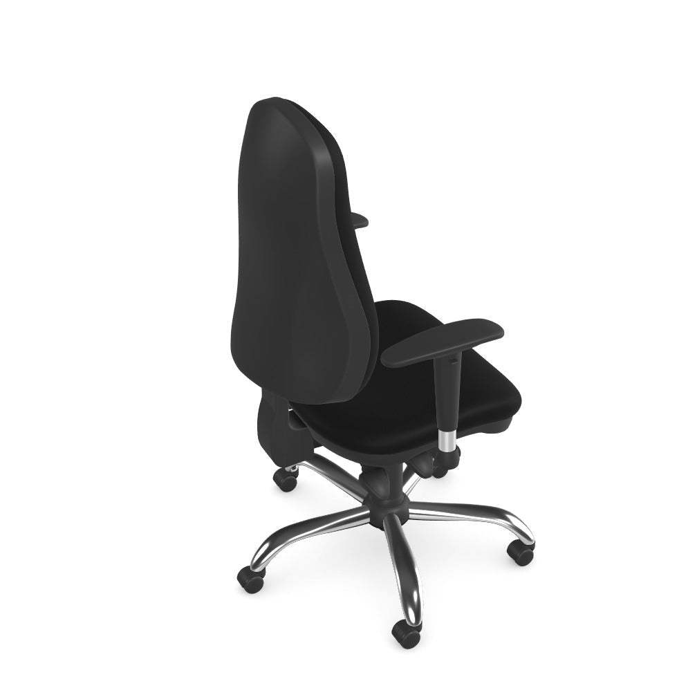 A black ergonomic office chair with a high back, padded armrests, and a five-star wheeled base, shown from a high-angle perspective on a solid white background.